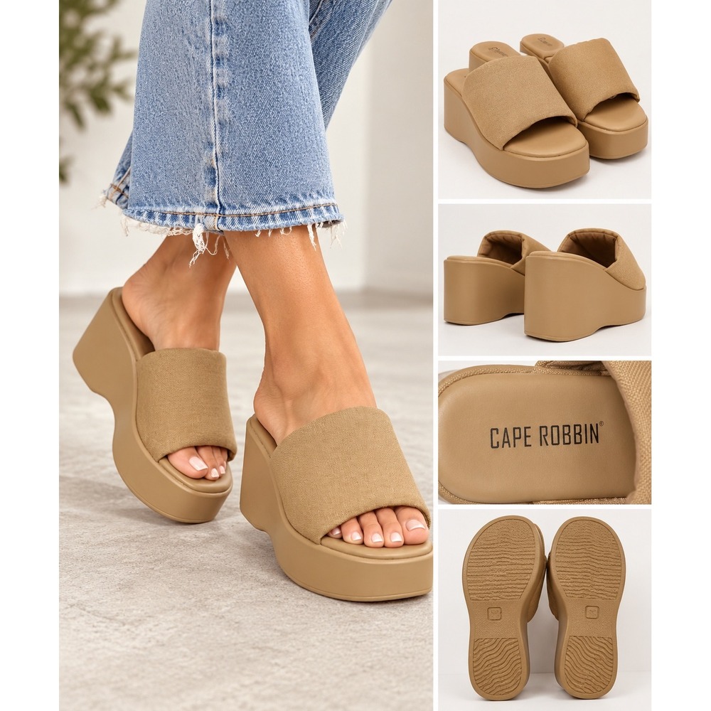Cape Robbin Tan Platform Slide Sandals Y2K Minimalist Chunky Wedge Shoes Size 7